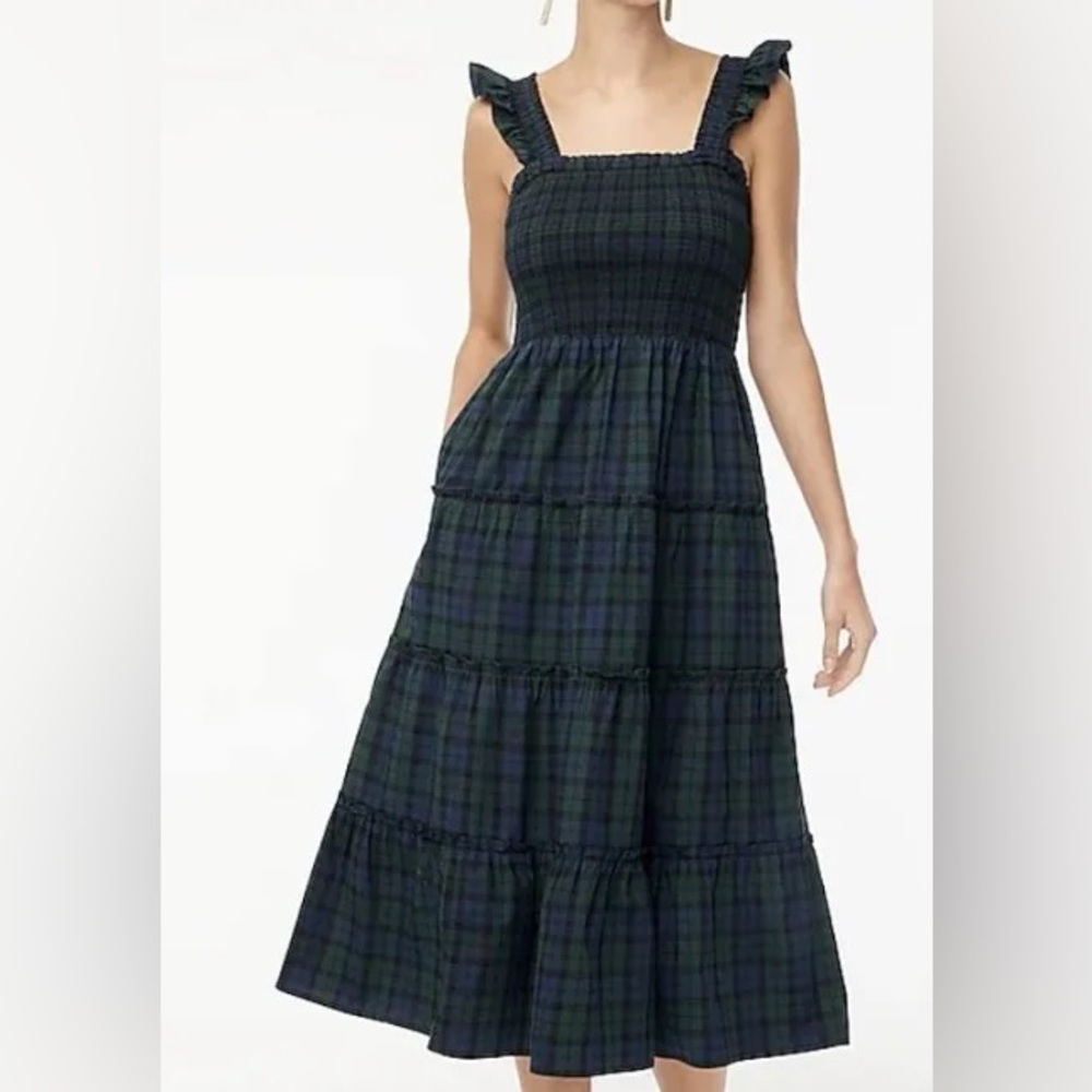 J. Crew Cotton-blend poplin smocked tiered midi dress black watch plaid XS